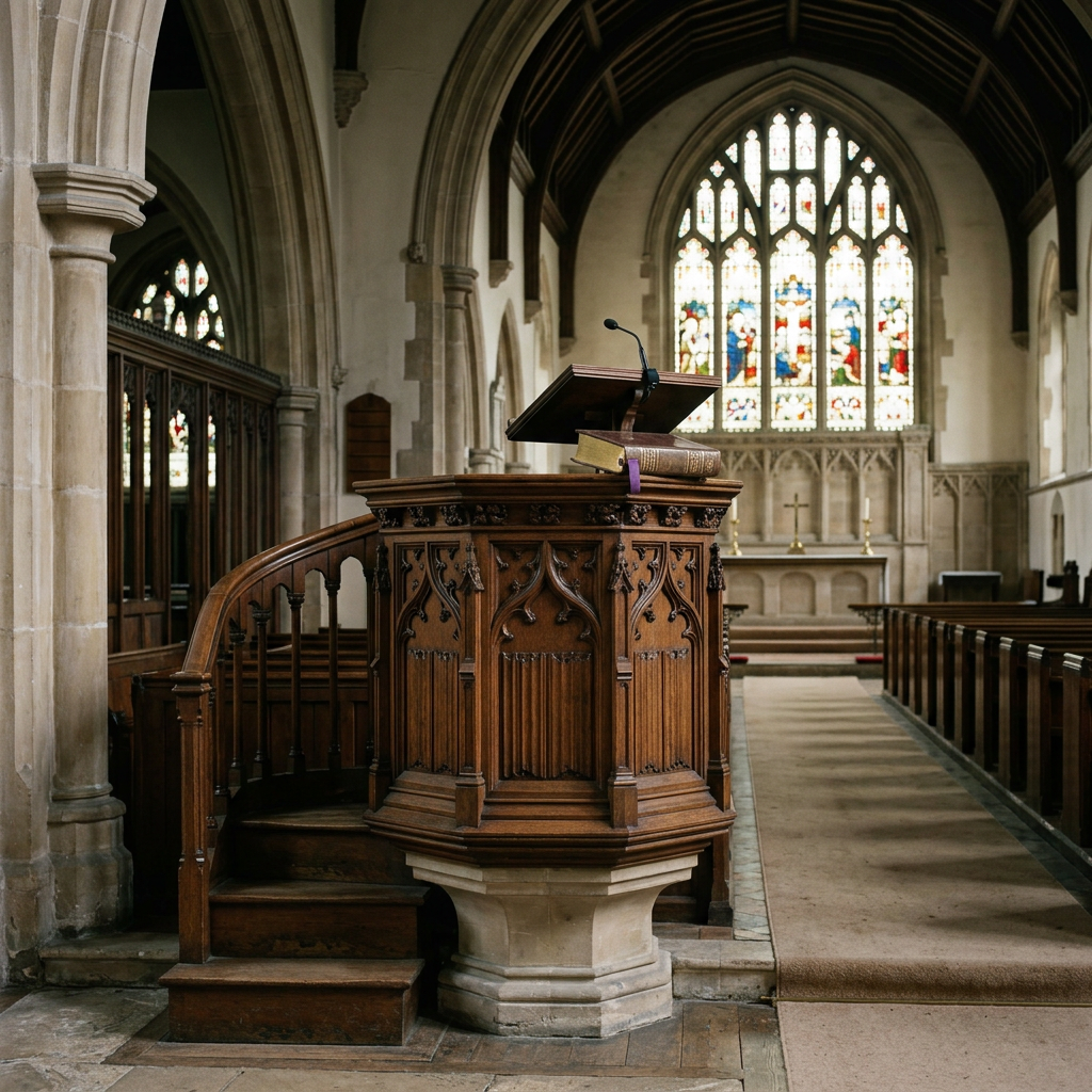 Wooden church pulpit with carved arches, Bible, microphone, and stained glass window background