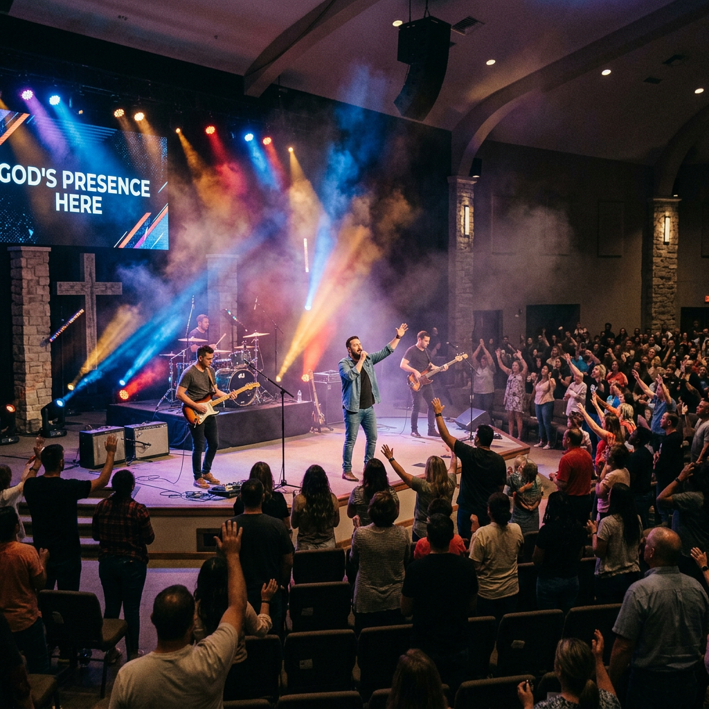 Church service with rock band, lights, smoke