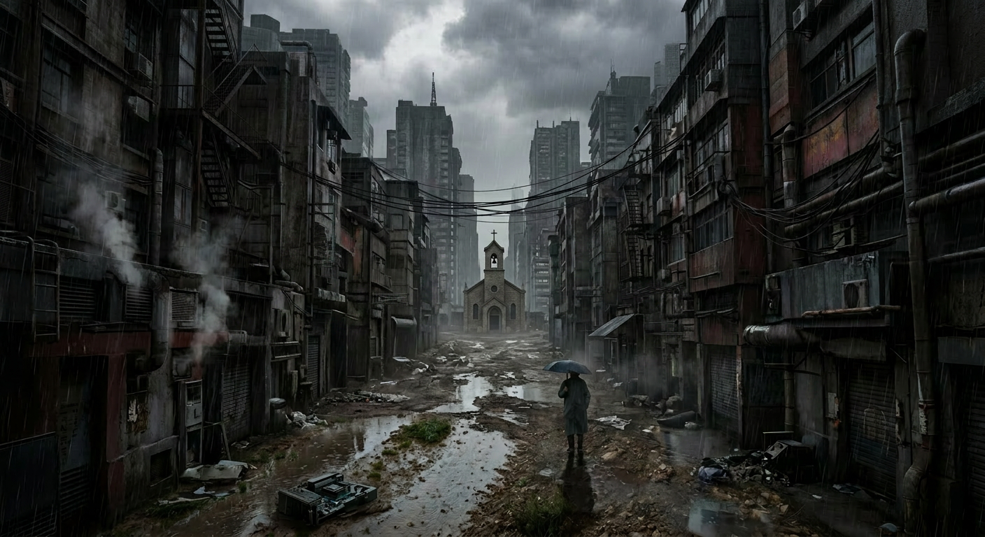 Rainy dystopian street with flooded, muddy road, neon signs, and a church in the distance